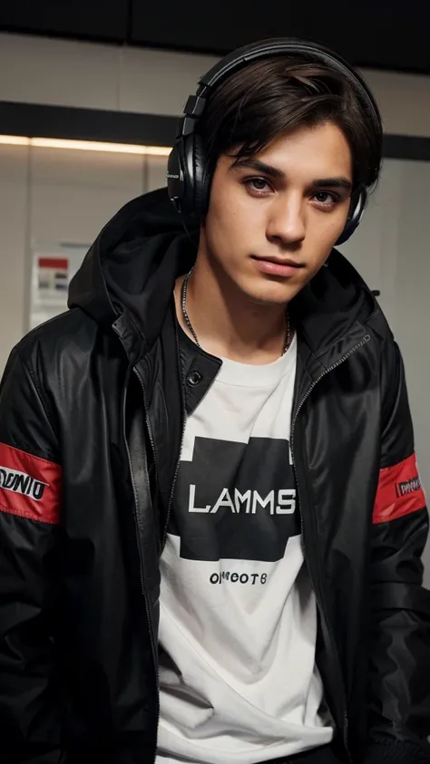 I want a gamer boy with dark hair, headphones, a black jacket with name on the left side of jacket "Mirafuentes" "MICHAEL 97" with the YouTube logo