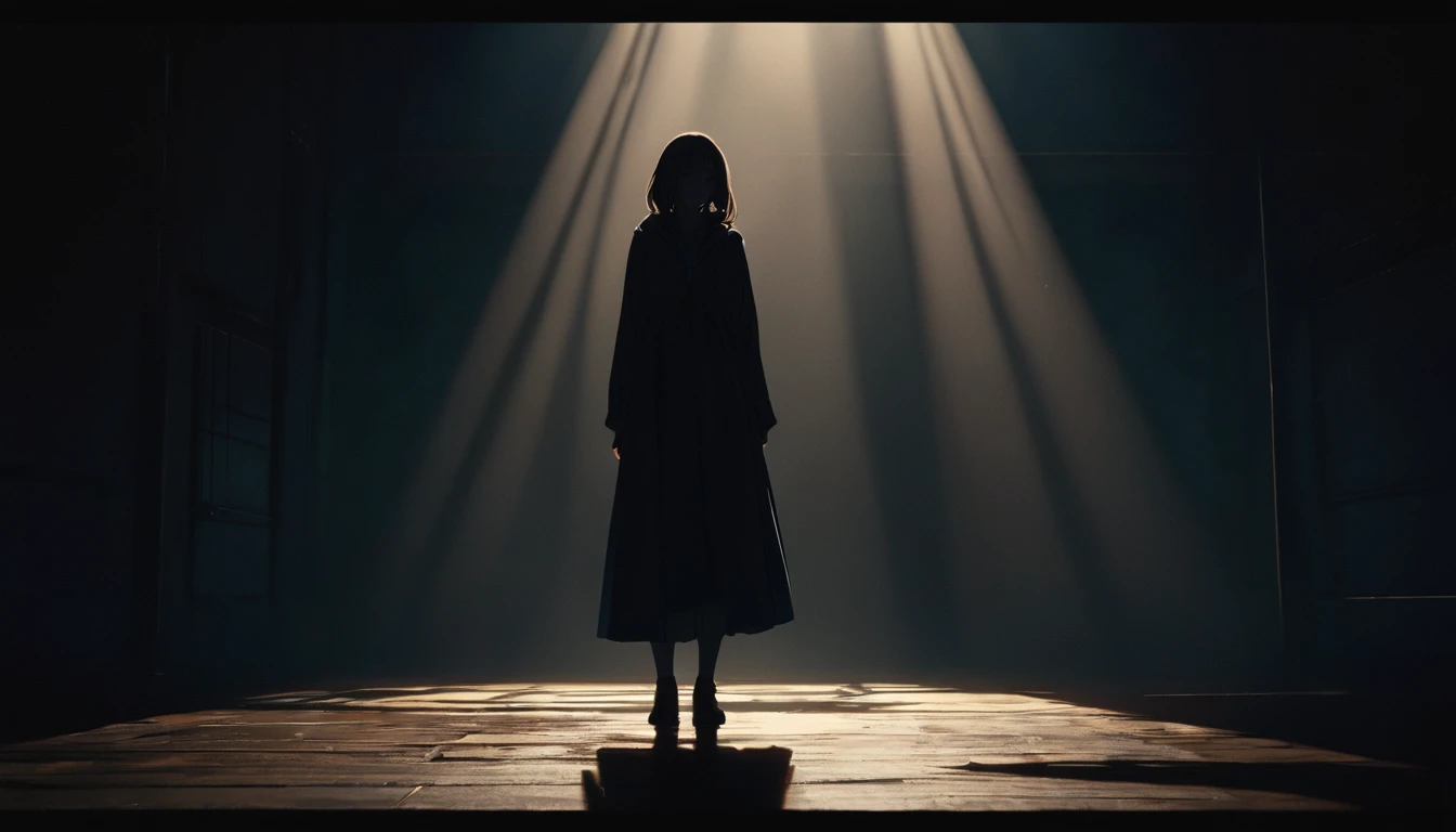 a woman standing alone in the center of a dark room, paralyzed with fear, dramatic lighting, chiaroscuro lighting, cinematic, moody atmosphere, tense mood, ominous presence, 4k, anime, impeccable detail, dramatic shadows, sense of dread, high contrast, dra...