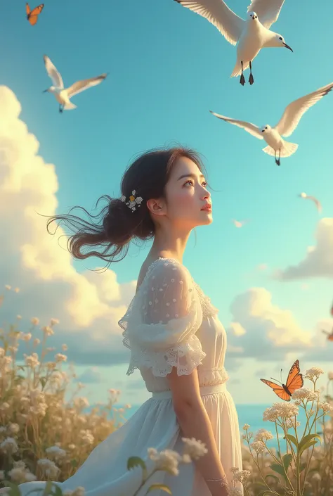 masterpiece, best quality, 1girl, bird, seagull, sky, cloud, polka_dot, blue_sky, solo, cloudy_sky, bug, butterfly, day, blush, flock, outdoors, Abigail,core_9, score_8_up, score_7_up, core_9, score_8_up, score_7_up, dramatic lighting, highly detailed, hig...