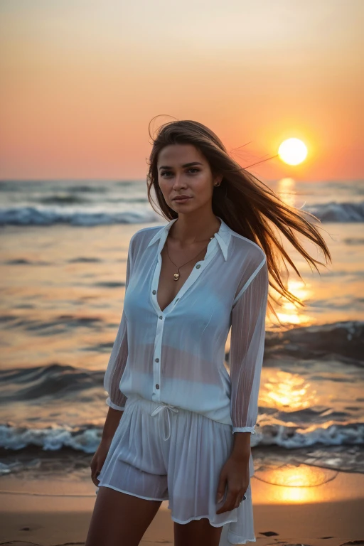 High resolution、Best Quality、Photo Quality、A woman stands on the beach、Watching the sunset、Long chestnut hair fluttering in the wind、A see-through white blouse with a wide open chest、A short, tight blue skirt、At dusk、The background is slightly blurred、A ru...