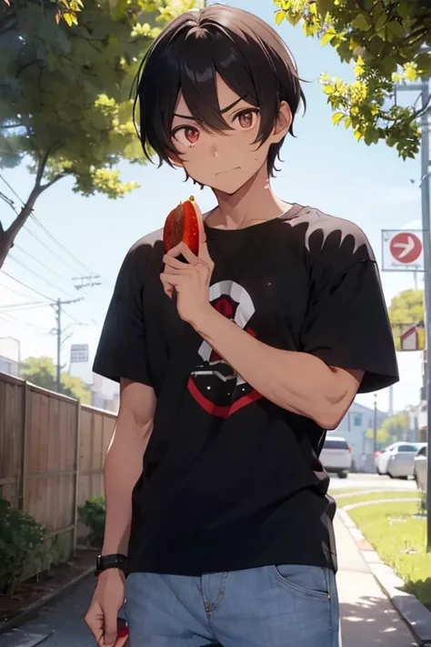 The male character has tanned skin, with short, dark hair (like black or deep brown) that falls casually on the forehead.
An interesting detail for anime is that he is holding a bright red object in his hand (It seems to be a fruit or a food) close to his ...