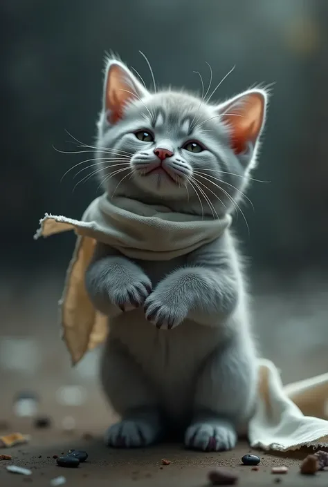 make a image shot with Canon EOS R5 use Sigma 50mm f/1.4 DG HSM lens, UHD, 8K, Unreal engine 5, Film Stok, hyper-detailed.
As the smallest grey kitten stands on two legs , with torn cloth eats, he remembers his mother’s lullaby, tears falling as he feels t...