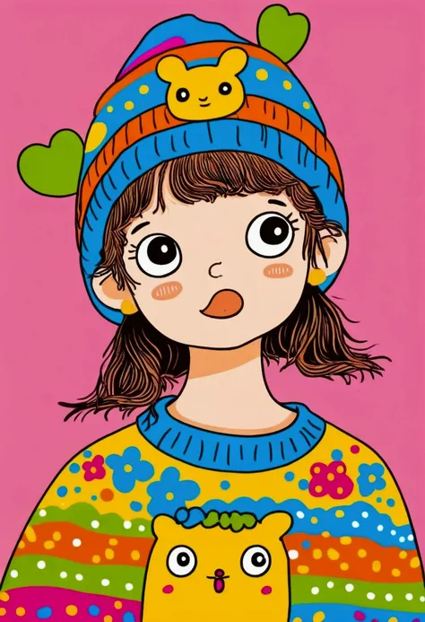 cartoon stick figure：close-up of a little child wearing a colorful sweater and hat, digital art inspired by hikari shimoda, cg s...