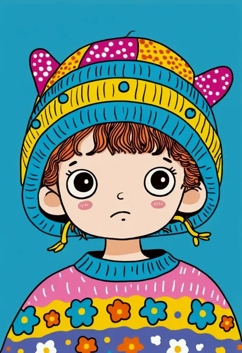 cartoon stick figure：close-up of a little child wearing a colorful sweater and hat, digital art inspired by hikari shimoda, cg s...