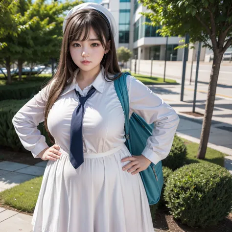 A 1 girl standing ,white, somewhat chubby, white ,dressed as a schoolgirl,super realistic