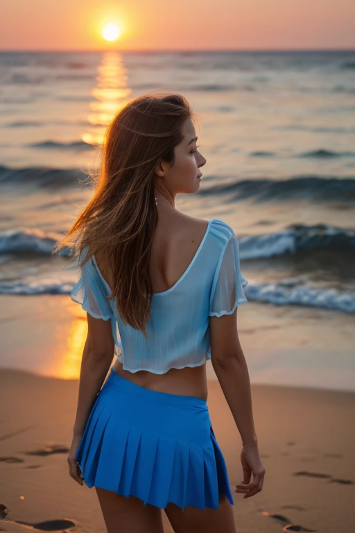 high resolution、best quality、photo quality、a woman stands on the beach、(((watching the sunset)))、long chestnut hair fluttering i...