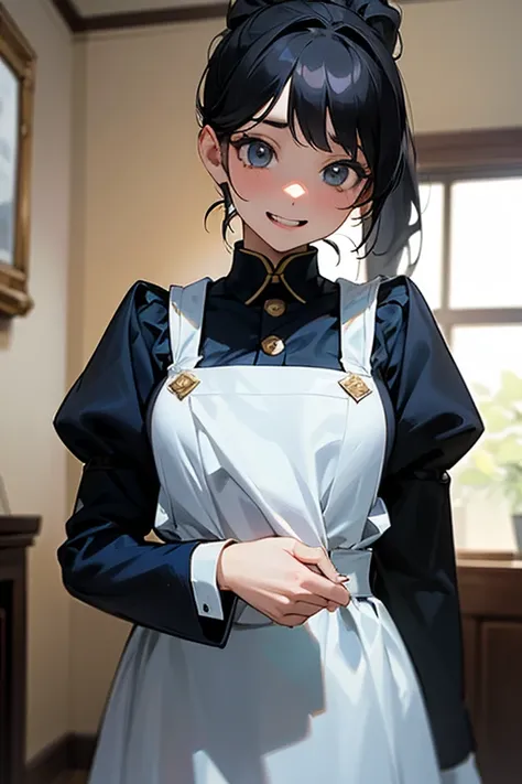 (Highest resolution clear_image) Best Quality, single, One Woman, Alone, A very exquisite masterpiece, Somewhat realistic, Black Hairのショートヘア, Black Hair, bangs, 1, Mature, light blue Uniform, Uniform, Indoor Background, kind, Authoritative, Powerful, Exqui...