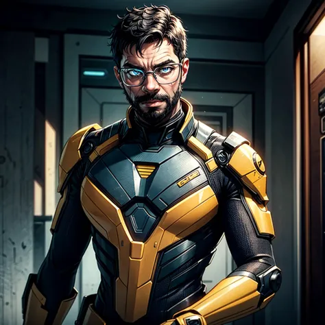 a highly detailed, ultra-realistic portrait of **gordon freeman** in his **hev suit**, from *half-life alyx*. he is a **middle-a...