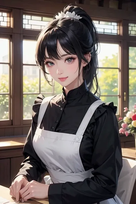 (Highest resolution clear_image) Best Quality, single, One Woman, Alone, A very exquisite masterpiece, Somewhat realistic, Black Hairのショートヘア, Black Hair, bangs, 1, Mature, light blue Uniform, Uniform, Indoor Background, kind, Authoritative, Powerful, Exqui...