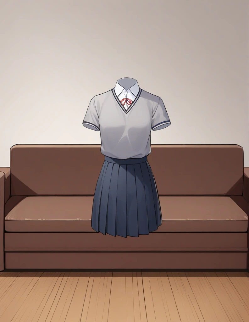 "An empty school uniform consisting of a light gray sweater with a white-collared shirt underneath and a dark pleated skirt, standing upright in a cozy, modern living room. The room features wooden floors, a light-colored rug, and a couch with soft pillows...