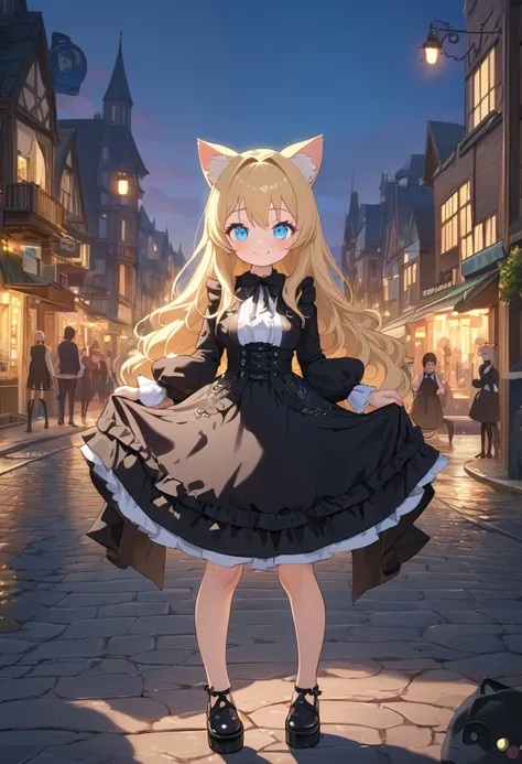 lolianime,((masterpiece)), ((best quality)), (ultra-detailed), ((kawaii)), cute, (lovely), ((sexy)), (ero), ((extremely detailed)), 4K, (8K), best quality, (beautiful), anime style, full body, full body focus, city, town, evening, a , child, solo, gothic l...