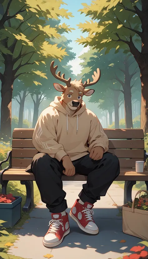 a captivating anime illustration of a charming anthropomorphic furry reindeer, the color of nougat, lounging on a park bench. th...