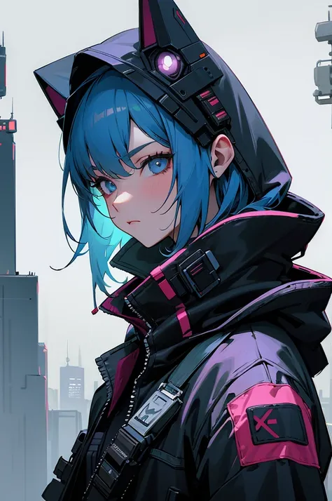 Cyberpunk-like outfit, upper body, hood