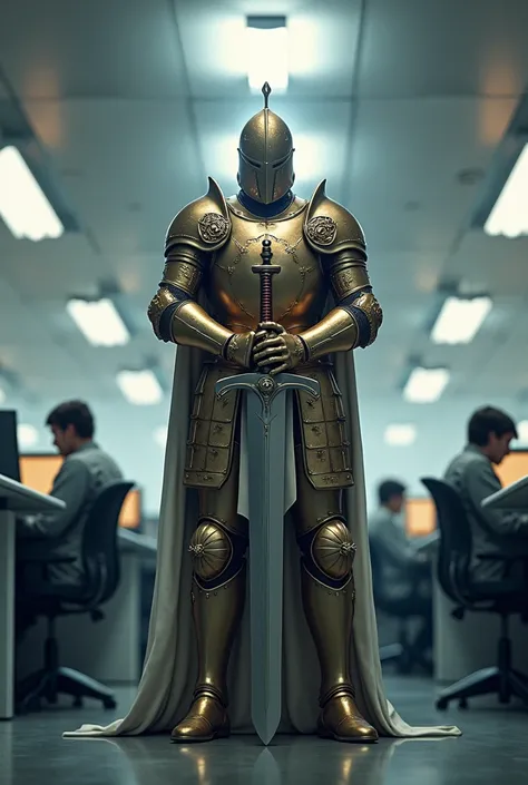 A paladin in full armor, wielding a gleaming greatsword, stands amidst the sterile modern office setting. Cubicles stretch out before him, occupied by oblivious employees typing away on computers. The paladins resolute gaze remains fixed ahead, his sword a...