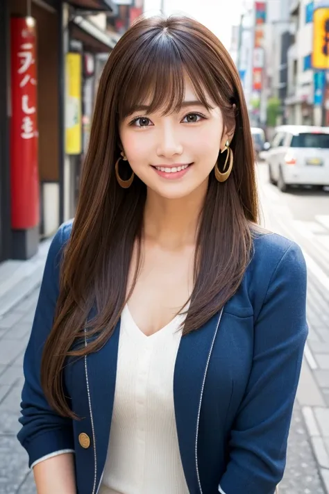 High resolution, Long Hair, bangs, Brown Hair、smile, Adult women、chest, 
Earrings、Asakusa