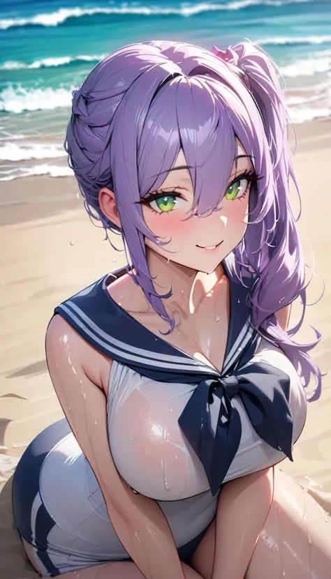 (((最high quality)), ((masterpiece)), (detailed), 最high quality, high quality, 超detailed, Perfect Face, 4K, 8k, ((One woman, 20 years old, Green Eyes, Purple Hair: 2.5, side ponytail, hair between eyes, glamoraus))、Shiny Hair、Glowing Skin, Amorous expressio...