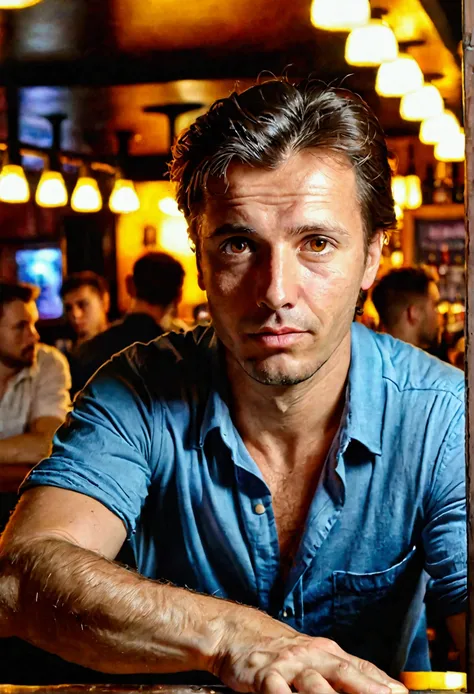 realistic photo, man at the bar, lots of people in the background, 25 years, brown eyes, brown hair, strong hands at the bar, beer in hand, realistic photo, thin, asymmetrical face, selfie, bad camera, слегка blurryе фото, In a shirt, rolled up sleeves, po...