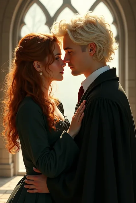 create a couple based on hermione granger and draco malfoy. She has curly hair and he has platinum hair 