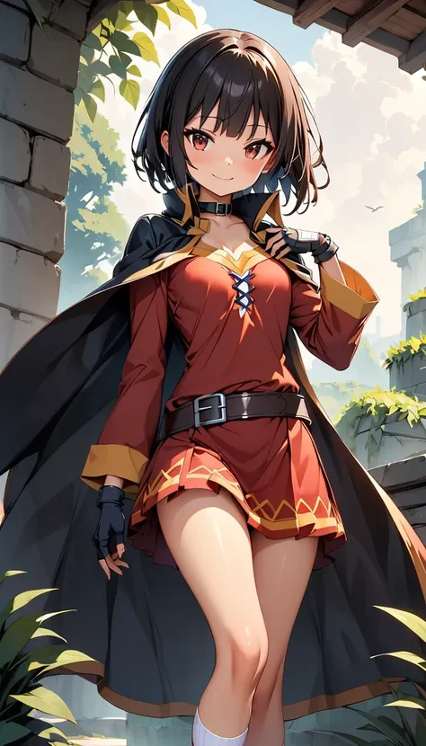 (Best Quality:1.2, Very detailed, up to date, Vibrant, Super detailed, Ultra-high resolution, High contrast masterpiece:1.2, Best Quality, Best aesthetics, There is:0.9), Alone, (1 female), /(KonoSuba/), (Megumin), short hair, Black Hair, (Red eyes:1.3), L...