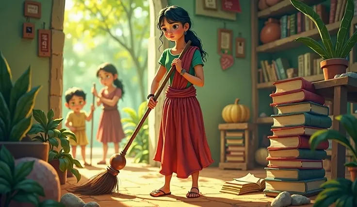 "Depict a scene where Asha is being discouraged by her relatives or villagers. They stand around her, some with disapproving expressions, while Asha listens quietly but with a determined look on her face. In her hand, shes holding a book tightly, symbolizi...