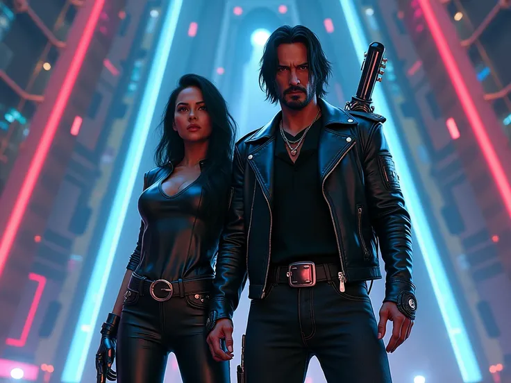 keanu reeves as johnny silverhand, guitarist and vocalist of samurai, standing alongside bestia in front of massive futuristic arasaka tower, johnny wearing signature leather jacket with cybernetic arm holding guitar slung over back and iconic pistol in ha...