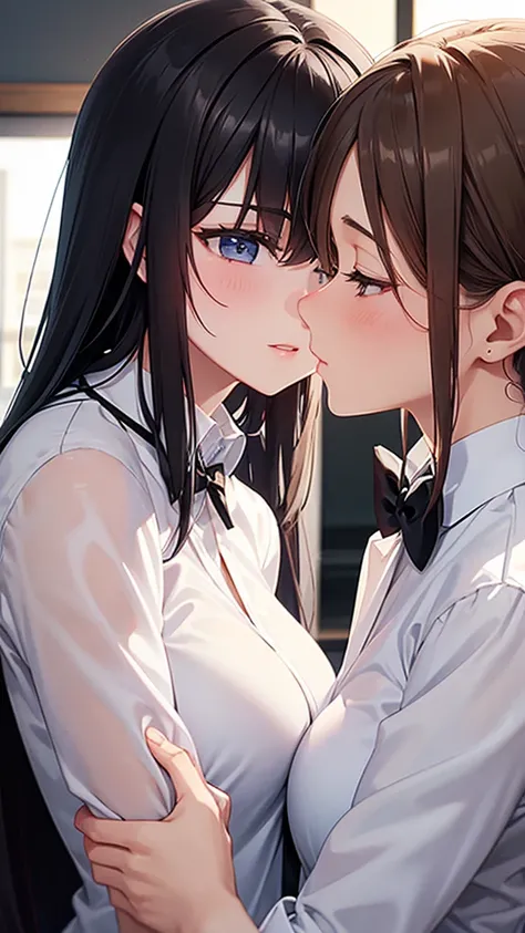 Two women in white shirts deep kissing　Black tie