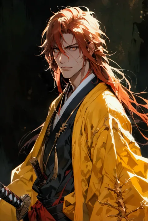 masterpiece, absurdres, ((1 adult man)), ((solo)), ((full body)) portrait of a male samurai in black kimono and yellow haori, he has long auburn red hair, long hair, detailed textured skin, highly detailed brown eyes, vampire hunter, belmont, alucard Castl...