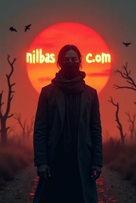 A cinematic photo of a mysterious anonymous figure standing against a dramatic backdrop of a setting sun, with the words NILBAS.COM written in neon flames over a circle of flaming flames. The figure wears a mask, a scarf wrapped around his face and a dark ...