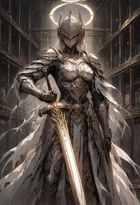 best quality, masterpiece, Natural, ultra high res, Super Detail, Ultra Detailed, perfect anatomy, A paladin in full armor, wielding a gleaming greatsword, stands amidst the sterile modern office setting. Cubicles stretch out before him, occupied by oblivi...