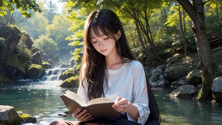 One Woman、、Cute 1、Long Hair、Relaxed and gentle expression、Reading a book、The background is a mountain stream、The water sparkles in the sunlight、The light coming from the large tree beside her casts a shadow.、A composition that emphasizes perspective、画面手前に可...