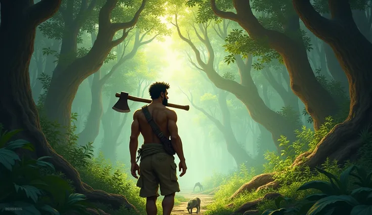 Prompt: "Mohan is walking towards the forest with an axe resting on his shoulder. He stands at the edge of a dense forest with towering trees and various small animals around. Soft sunlight is filtering through the trees, gently illuminating Mohans face."
