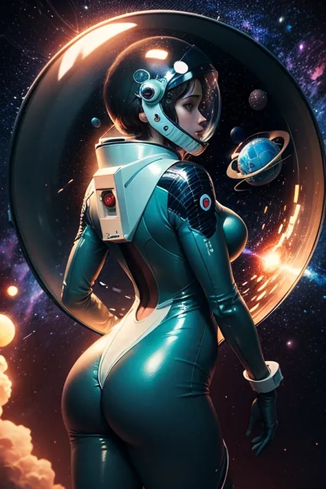 (masterpiece), Vintage 1930 sci-fi, female astronaut, fit body, ((transparent round space helmet:1.3)), pointing at viewer, shiny colorful latex space stretched bodysuit, walking action, on surface of intricate alien life planet, colorful Vintage style, co...