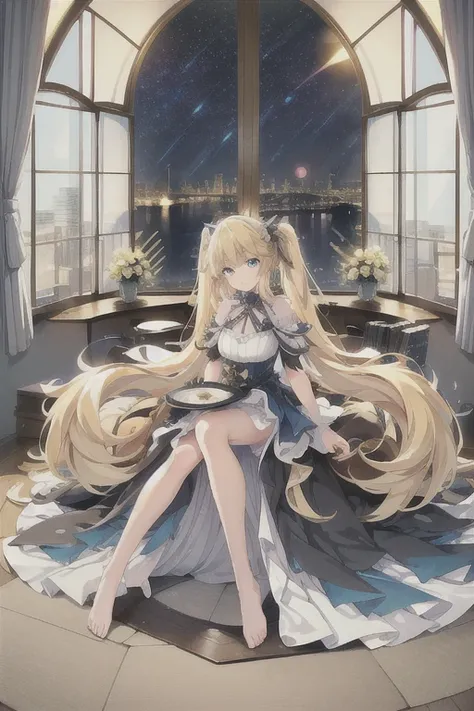 Andrea_Doria (warship girls r),((Best quality))),((Ultra-detailed)),((illustration)),((Disheveled hair)),((frilld)),(1 girl),(Solo), masterpiece, best quality, very aesthetic, absurdres, newest,wide_shot,bust,huge floor-to-ceiling windows,(night view of th...