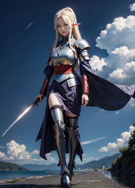 beautiful anime woman, hold katana sword, elf, valorant style, gundam armor suit, japanase writing background, full body
