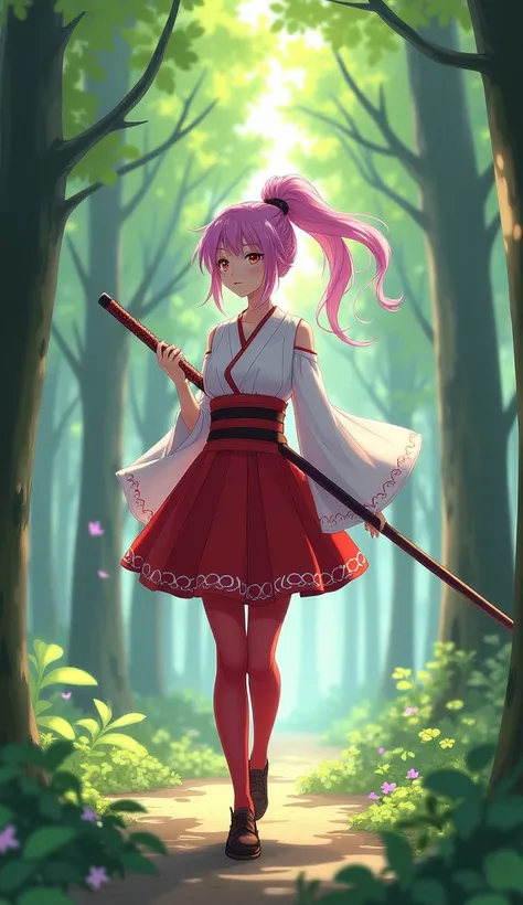 In the forest,Very cute,A Japanese female warrior student,Pink and purple single ponytail,Big breasts,Red and white school uniform,Short skirt（Very complicated hem skirt）,red stockings,Leather shoes,Holding a long staff,wander around