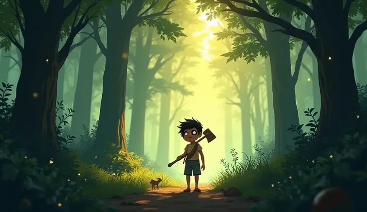 Prompt: "Mohan a small boy is walking towards the forest with an axe resting on his shoulder. He stands at the edge of a dense forest with towering trees and various small animals around. Soft sunlight is filtering through the trees, gently illuminating Mo...