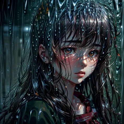 ((Best quality)), ((masterpiece)), (detailed), close-up portrait of contemplative anime girls face, facing front, painted style, heavy rain at night, long flowing brown hair, thoughtful expression, delicate features, soft skin, small nose, full lips, blush