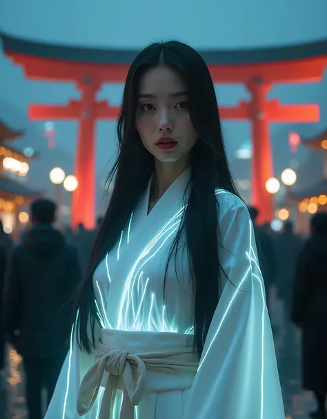 (((A full-body realistic photograph of a beautiful Uyghur woman.))) (((Cyberpunk Sci-Fi style photography at night. ))) (((Wearing a pure white Japanese kimono that is extremely exquisite.))) (((Long, straight, jet-black hair, red lips.))) (((His face was ...