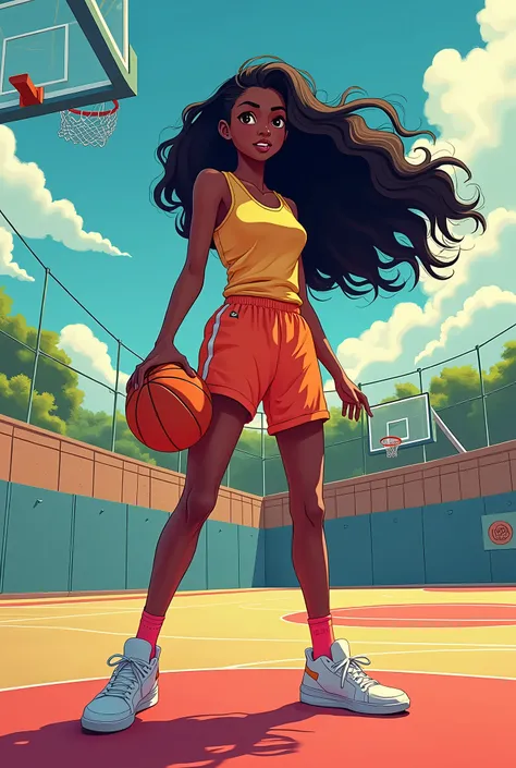 cool black girl basketball, long hair and anime cartoon animation