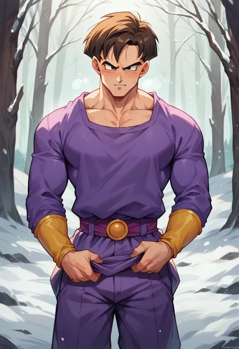 Boy with brown hair,dragonn ball teen gohan  hair court, he is dressing teen gohan purple outfit,he is in a forest with a lot of snow, use dragon ball z animation