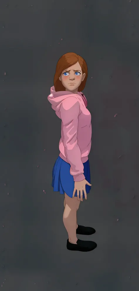 A white skinned girl child, wearing a pink sweater and a blue skirt, walking, with expression/emotion of fear and sadness (Piper Rubio / Abby Schmidt)