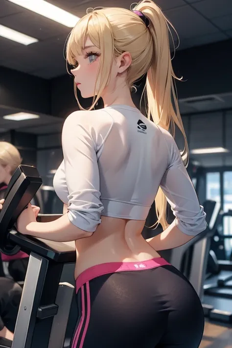 1 girl, in tight sportswear at the gym showing her ass, blonde, linda