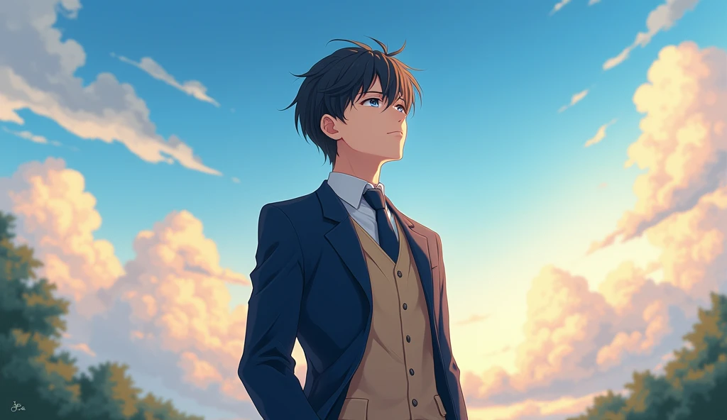 퀄리티, art best 1((boy)), ((male)), ((anime)), ((detail)), ((whole body)), he is a ((20s old)), he has beautiful ((deep blue eyes)), wearing a ((navy blue school uniform)), ((Beige school uniform vest)), ((afternoon)), ((looking at the sky from the school ro...