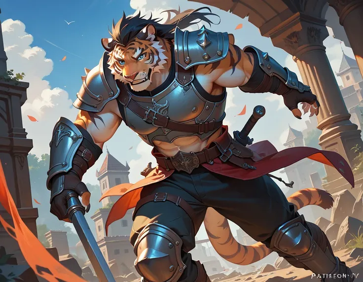 (solo), male anthro tiger, black hair, blue eyes, warrior, armor, mercenary, muscular, 