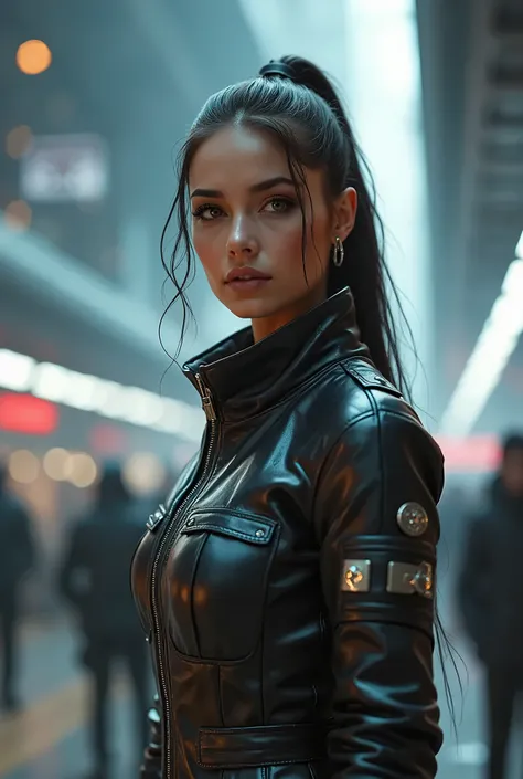 A snapshot in front of a huge interstellar spaceship in a crowded spaceport in the year 2500, a beautiful 22yo female bounty hunter, wearing a metalic colored futuristic jacket, about to embark on a journey into space, a smiling sexy attractive girl with a...