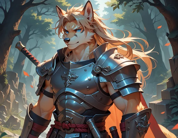 (solo), male anthro fox, beige fur, long dark beige hair, blue eyes, warrior, armor, japanese, muscular,