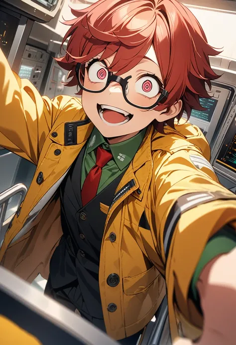 score up_9,score up_8,score up_7,source_anime,rating_safety,masterpiece,best quality,super fine illustration,hyper detailed,8k,BREAK 1 boy,20yo,red hair,Aflo hair,(crazy eyes:1.3),glasses,crazy smile,double v,BREAK yellow jacket,mens suits,BREAK background...