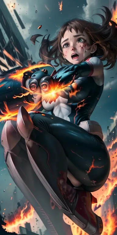 (The best quality), (Masterpiece) , (Ultra detailed:1.2) , (photosuperrealist:1.1) ,hyper ultra high resolution , dynamic perspective 1 girl , (flying , Floating , Levitating:1.2) , combative , (own hands burning catching fire fire:1.3), ochaco uraraka , b...