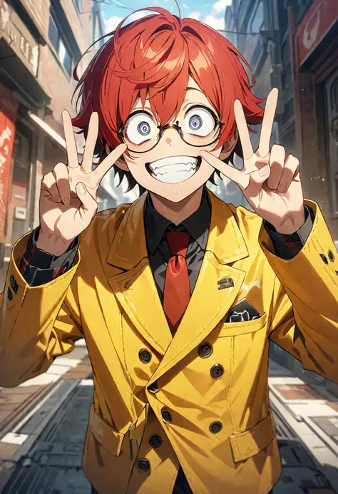 score up_9,score up_8,score up_7,source_anime,rating_safety,masterpiece,best quality,super fine illustration,hyper detailed,8k,cowboy shot,front view,break 1 boy,20yo,red hair,(Aflo hair:1.2),(crazy eyes:1.3),glasses,crazy smile,break (double v:1.2),break ...