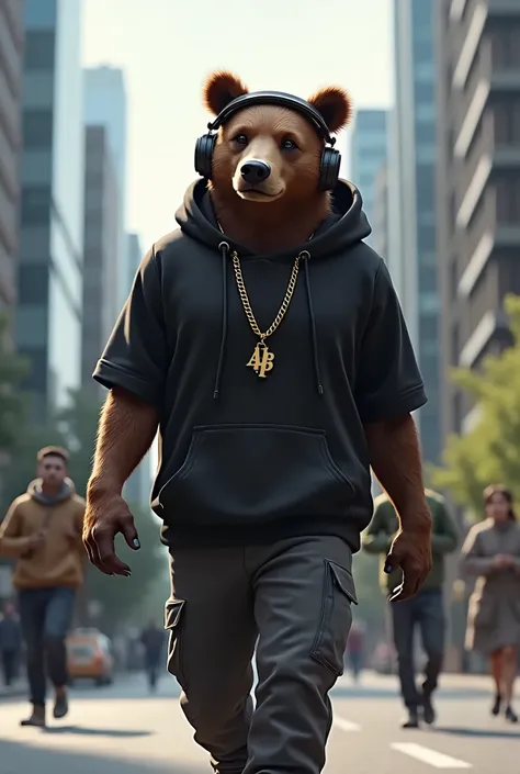 A human-looking bear in a modern urban environment. The bear wears a black hoodie over a T-shirt and pants. Around his neck he wears a gold chain with a pendant, Headphones cover his ears. He appears determined and self-confident, as he walks through the b...